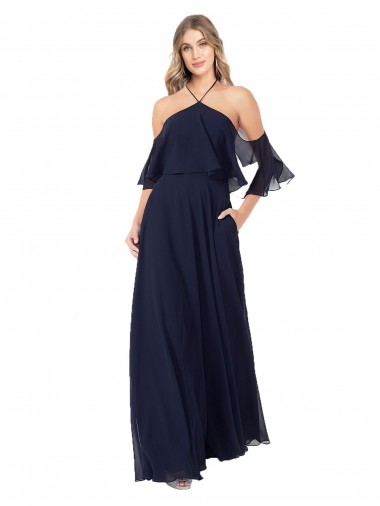 Halter Neck Soft Chiffon Flutter Sleeves Dark Navy Formal Dress / Bridesmaid Dress Edinburgh