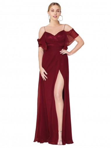 Off the Shoulder Soft Chiffon Cold Shoulder V-Back Burgundy Formal Evening Gown / Prom Dress / Bridesmaid Dress Edinburgh