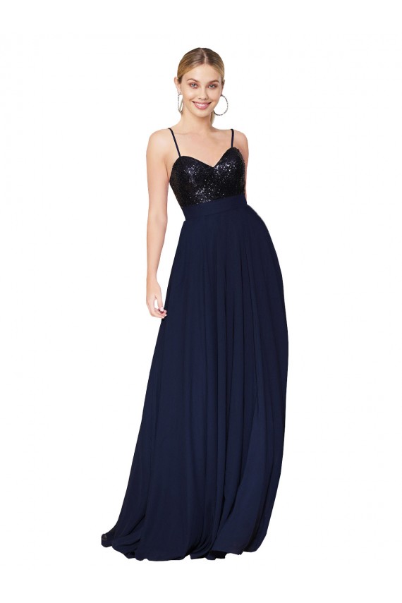 Spaghetti Straps Soft Chiffon & Sequin Sleeveless Dark Navy Semi Formal Evening Dress / Prom Dress / Bridesmaid Dress Edinburgh