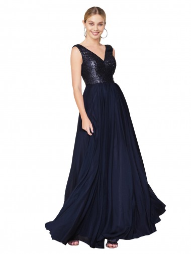 V-Neck Soft Chiffon & Sequin Sleeveless V-Back Dark Navy Semi Formal Evening Gown / Prom Dress / Bridesmaid Dress Edinburgh
