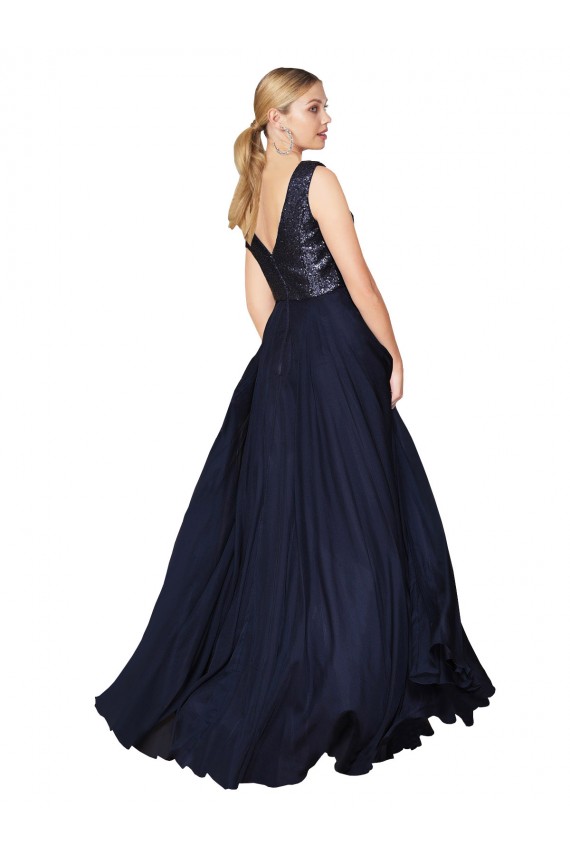 V-Neck Soft Chiffon & Sequin Sleeveless V-Back Dark Navy Semi Formal Evening Gown / Prom Dress / Bridesmaid Dress Edinburgh