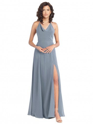 Halter Neck Soft Chiffon Sleeveless V-Back Dusty Blue Bridesmaid Dress Edinburgh
