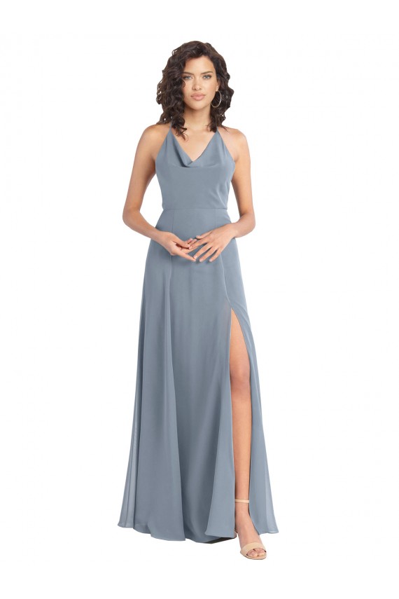 Halter Neck Soft Chiffon Sleeveless V-Back Dusty Blue Bridesmaid Dress Edinburgh