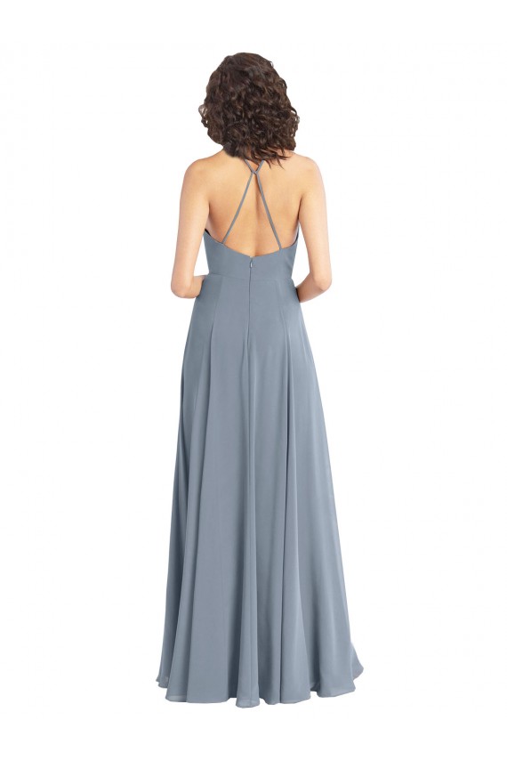 Halter Neck Soft Chiffon Sleeveless V-Back Dusty Blue Bridesmaid Dress Edinburgh