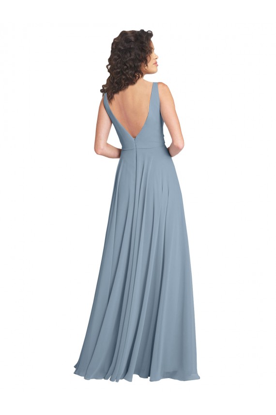 V-Neck Soft Chiffon Sleeveless V-Back Dusty Blue Bridesmaid Dress Edinburgh