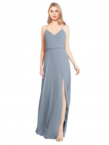 Off the Shoulder Soft Chiffon Sleeveless Open Back Dusty Blue Bridesmaid Gowns Edinburgh