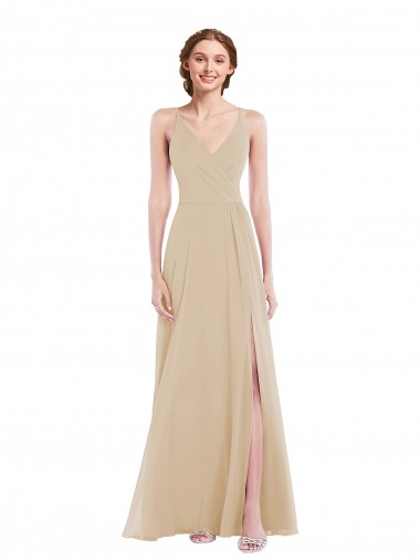 V-Neck Soft Chiffon Sleeveless Criss Cross Back Champagne Semi Formal Evening Dress / Bridesmaid Dress Edinburgh