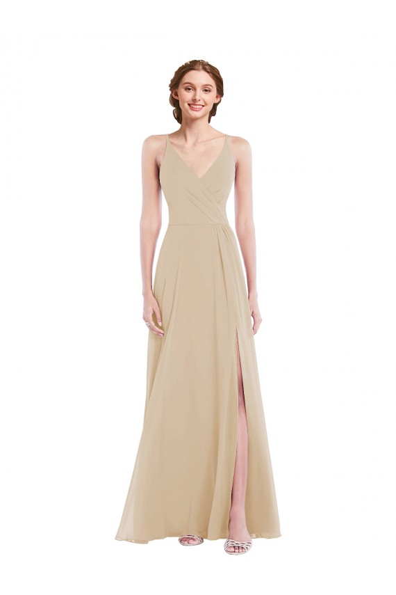 V-Neck Soft Chiffon Sleeveless Criss Cross Back Champagne Semi Formal Evening Dress / Bridesmaid Dress Edinburgh