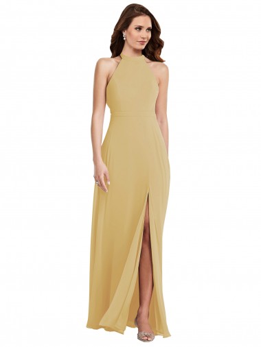 Halter Neck Soft Chiffon Sleeveless Criss Cross Open Back Gold Semi Formal Evening Dress / Bridesmaid Dress Edinburgh