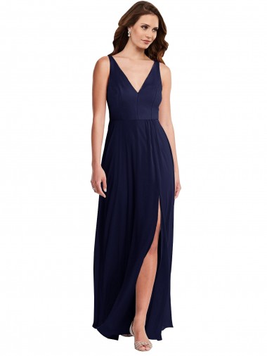 V-Neck Soft Chiffon Sleeveless V-Back Dark Navy Black Tie Evening Gown / Bridesmaid Dress Edinburgh