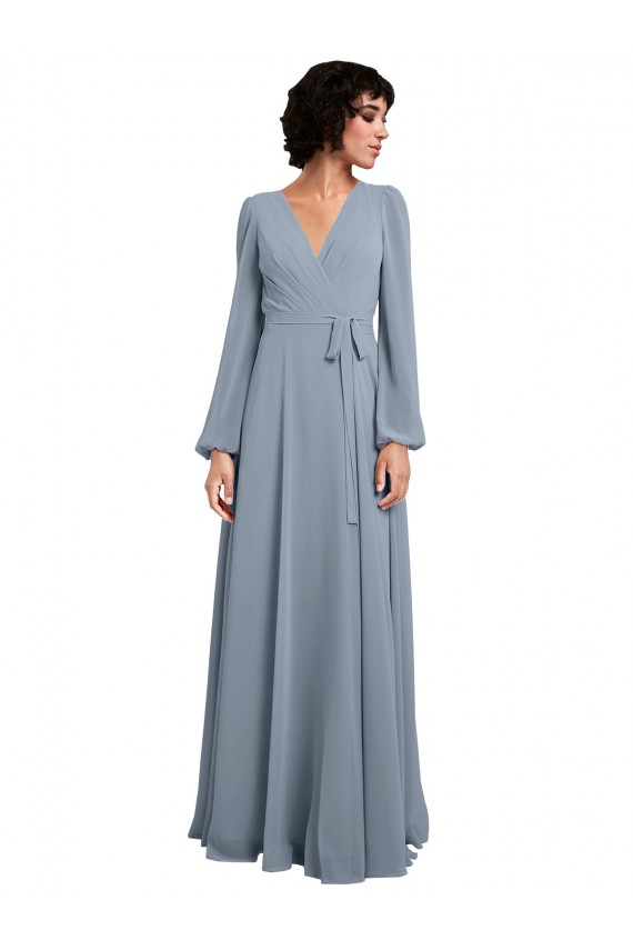 V-Neck Soft Chiffon Long Sleeves Dusty Blue Bridesmaid Dress / Formal Dress Edinburgh