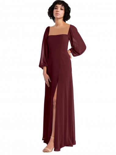 Square Neck Chiffon Long Sleeves Burgundy Gold Bridesmaid Dress / Evening Dress Edinburgh