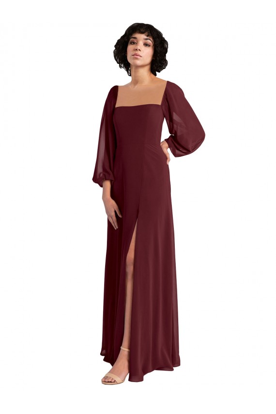 Square Neck Chiffon Long Sleeves Burgundy Gold Bridesmaid Dress / Evening Dress Edinburgh
