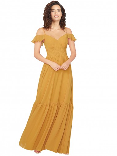 V-Neck Soft Chiffon Cold Shoulder Keyhole Back Saffron Bridesmaid Dress Edinburgh