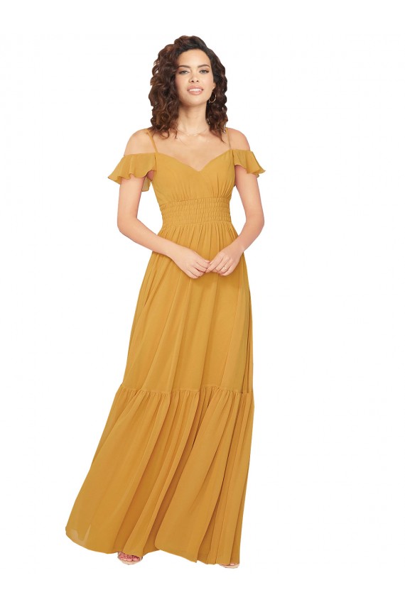 V-Neck Soft Chiffon Cold Shoulder Keyhole Back Saffron Bridesmaid Dress Edinburgh