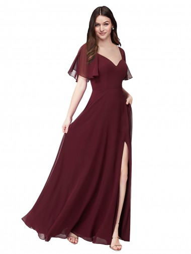 Sweetheart Soft Chiffon Short Flutter Sleeves Keyhole Back Burgundy Gold Formal Dress / Bridesmaid Dress Edinburgh