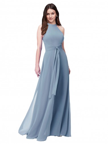 Halter Neck Chiffon Sleeveless Dusty Blue Bridesmaid Formal Dress Edinburgh