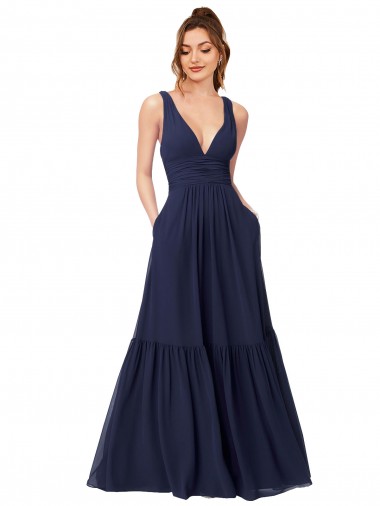 V-Neck Chiffon Sleeveless V-Back Dark Navy Evening Gowns / Bridesmaid Dress Edinburgh