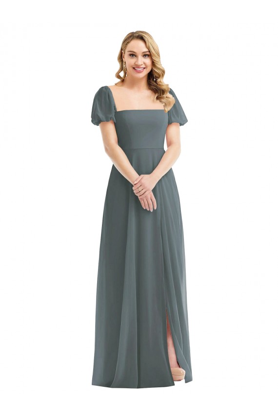 Square Neck Soft Chiffon Puff Sleeves Slate Grey Semi Formal Evening Dress / Bridesmaid Dress Edinburgh