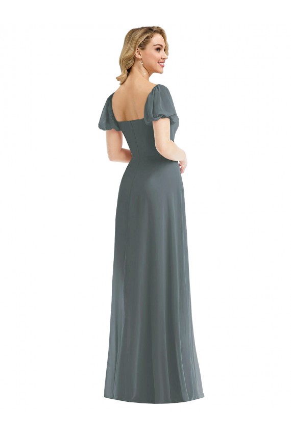 Square Neck Soft Chiffon Puff Sleeves Slate Grey Semi Formal Evening Dress / Bridesmaid Dress Edinburgh