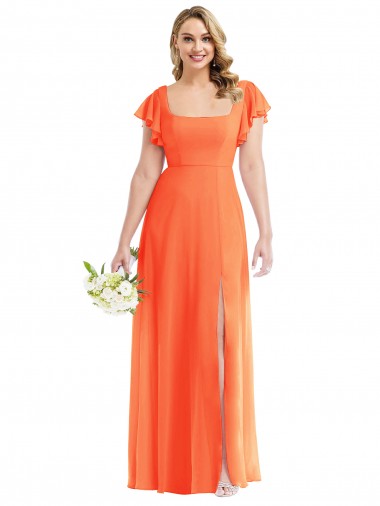 Square Neck Soft Chiffon Flutter Sleeves Open Back Tangerine Tango Semi Formal Evening Dress / Bridesmaid Dress Edinburgh
