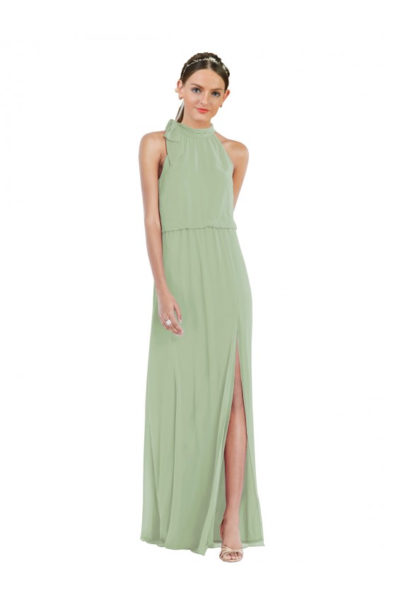 High Neck Soft Chiffon Sleeveless Smoke Green Semi Formal Evening Dress / Bridesmaid Dress Edinburgh