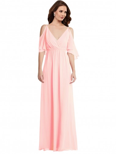 V-Neck Soft Chiffon Cold Shoulder V-Back Pink Semi Formal Evening Dress / Bridesmaid Dress Edinburgh