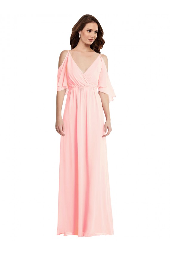 V-Neck Soft Chiffon Cold Shoulder V-Back Pink Semi Formal Evening Dress / Bridesmaid Dress Edinburgh