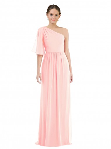One Shoulder Soft Chiffon Bell Sleeves Pink Semi Formal Evening Dress / Bridesmaid Dress Edinburgh