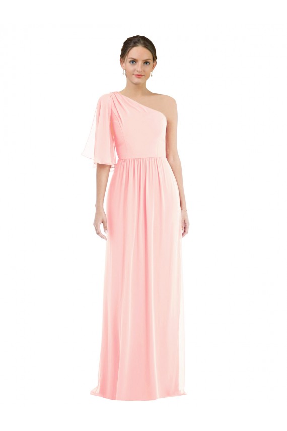 One Shoulder Soft Chiffon Bell Sleeves Pink Semi Formal Evening Dress / Bridesmaid Dress Edinburgh