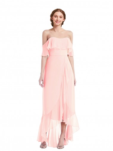 Off the Shoulder Soft Chiffon Sleeveless Long Pink High Low Bridesmaid Dress Edinburgh