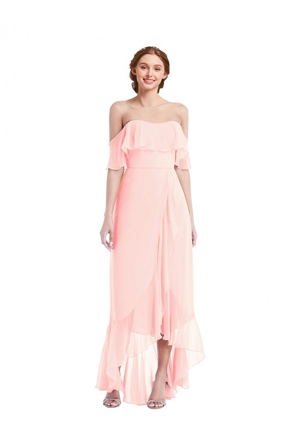 Off the Shoulder Soft Chiffon Sleeveless Long Pink High Low Bridesmaid Dress Edinburgh