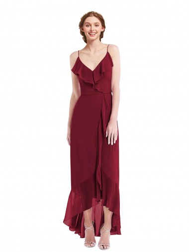 Spaghetti Straps Soft Chiffon Sleeveless Low Back Burgundy High Low Evening Gown / Bridesmaid Dress Edinburgh
