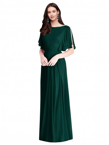 Bateau Neck Soft Chiffon Bell Sleeves V-Back Ever Green Semi Formal Evening Dress / Bridesmaid Dress Edinburgh