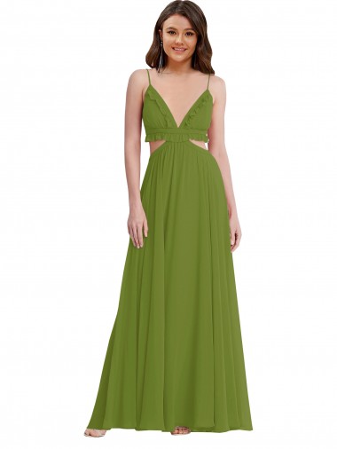 V-Neck Soft Chiffon Sleeveless Open Back Olive Green Plus Size Evening Gown / Bridesmaid Dress Edinburgh