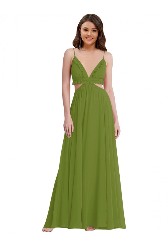 V-Neck Soft Chiffon Sleeveless Open Back Olive Green Plus Size Evening Gown / Bridesmaid Dress Edinburgh