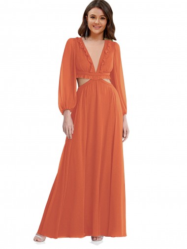 V-Neck Soft Chiffon Long Sleeves Open Back Firecracker High Low Evening Gown / Bridesmaid Dress Edinburgh