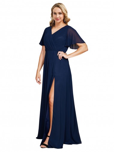 V-Neck Soft Chiffon Short Flutter Sleeves Dark Navy Formal Plus Size Evening Gown / Prom Dress / Bridesmaid Dress Edinburgh