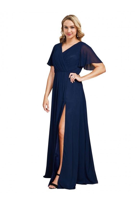 V-Neck Soft Chiffon Short Flutter Sleeves Dark Navy Formal Plus Size Evening Gown / Prom Dress / Bridesmaid Dress Edinburgh