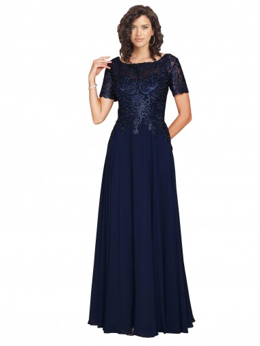 Round Neck Soft Chiffon Short Sleeves Dark Navy Prom Dress / Bridesmaid Dress Edinburgh