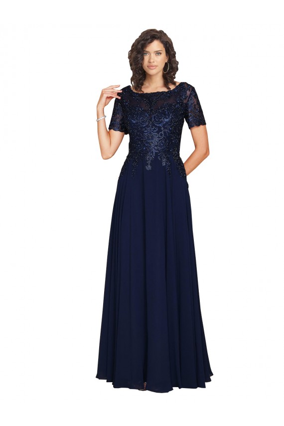 Round Neck Soft Chiffon Short Sleeves Dark Navy Prom Dress / Bridesmaid Dress Edinburgh