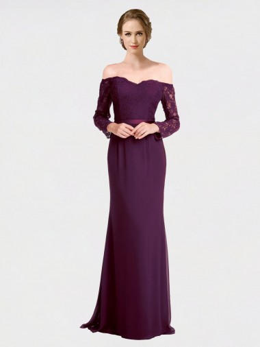 Off the Shoulder Soft Chiffon & Lace Long Sleeves Low Back Grape Bridesmaid Dress Edinburgh
