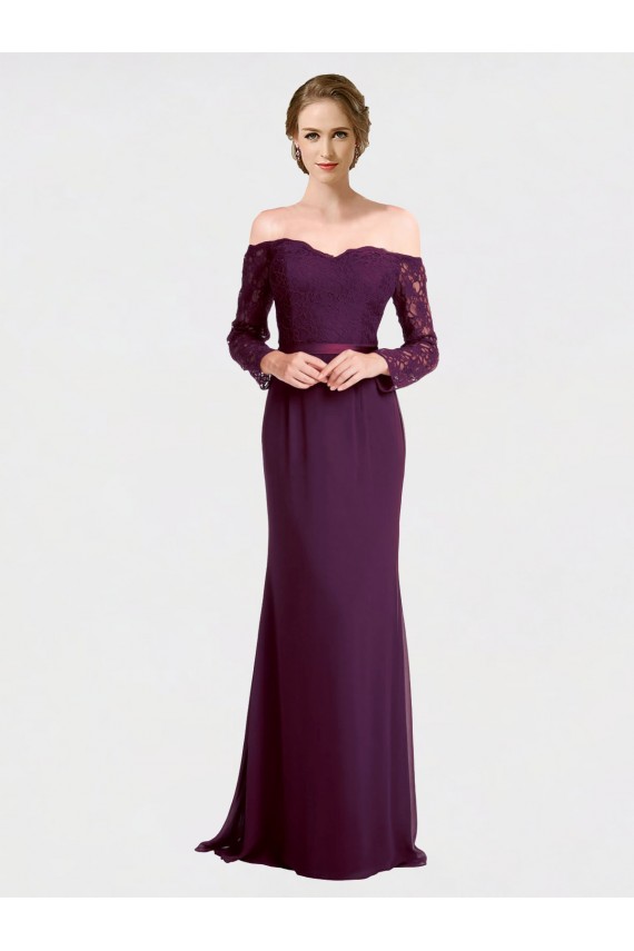 Off the Shoulder Soft Chiffon & Lace Long Sleeves Low Back Grape Bridesmaid Dress Edinburgh