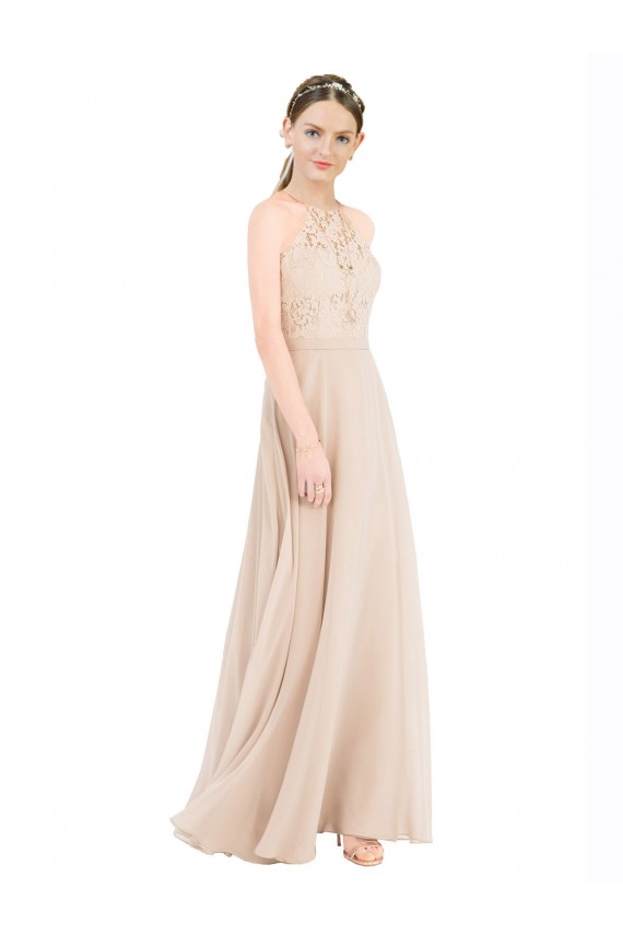 Halter Neck Soft Chiffon & Lace Sleeveless Keyhole Back Champagne Prom Dress / Bridesmaid Dress Edinburgh