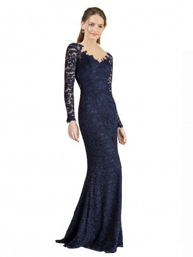Sweetheart Lace Long Sleeves Keyhole Back Dark Navy Prom Dress / Bridesmaid Dress Edinburgh