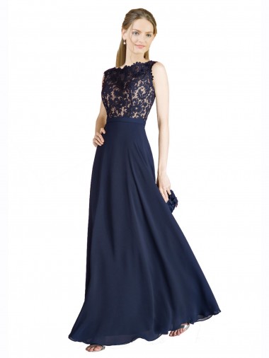 Illusion Neck Soft Chiffon & Lace Sleeveless V-Back Dark Navy Prom Dress / Bridesmaid Dress Edinburgh