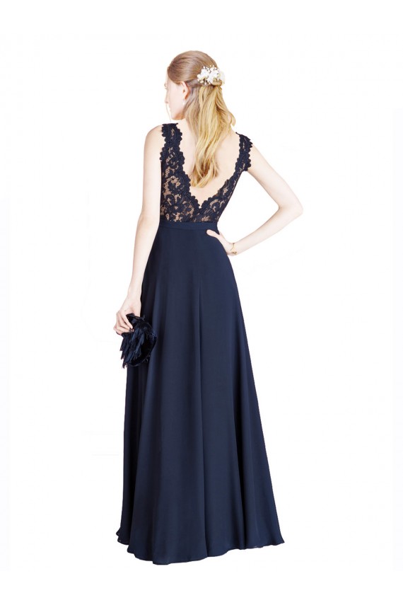Illusion Neck Soft Chiffon & Lace Sleeveless V-Back Dark Navy Prom Dress / Bridesmaid Dress Edinburgh