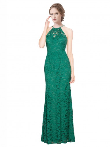 Halter Neck Lace Sleeveless Low Back Dark Green Prom Dress / Bridesmaid Dress Edinburgh