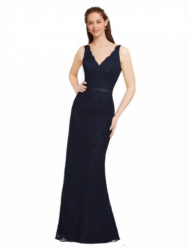 V-Neck Lace Sleeveless Open Back Dark Navy Bridesmaid Dress Edinburgh