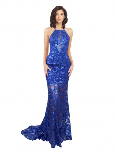 High Neck Lace Sleeveless Open Back Royal Blue Semi Formal Evening Dress / Prom Dress / Bridesmaid Dress Edinburgh